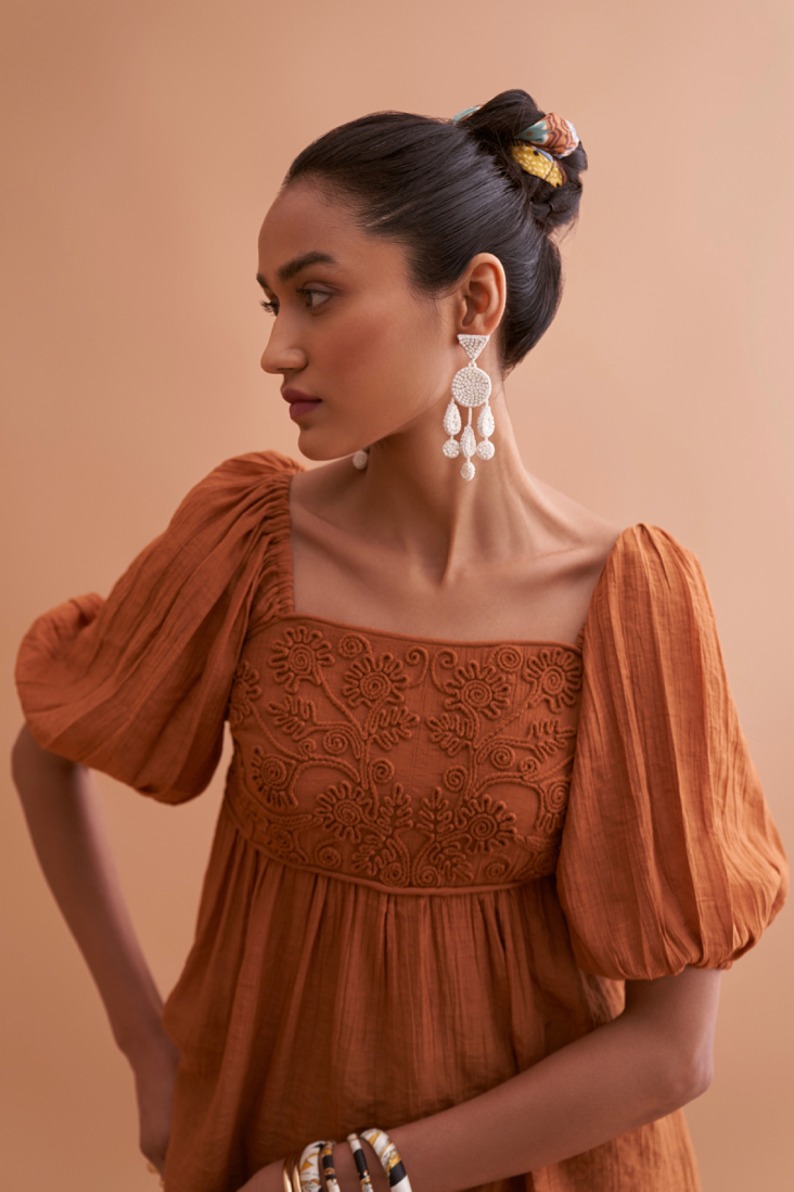 AMALFI SOLID BROWN RAYON CREPE TEXTURED FABRIC SUMMER TOP WITH SHORT SLEEVES AND EMBROIDERED NECK
