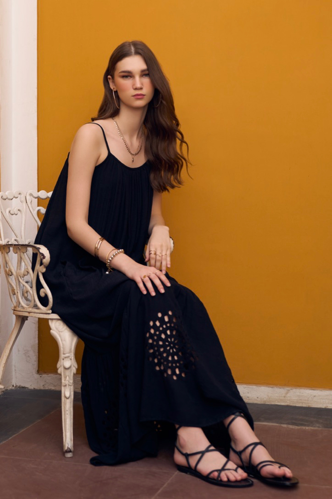 SOLID BLACK TEXTURED RAYON CREPE SLEEVELESS MAXI DRESS WITH POCKETS AND CUTWORK HAND EMBROIDERY AT HEM