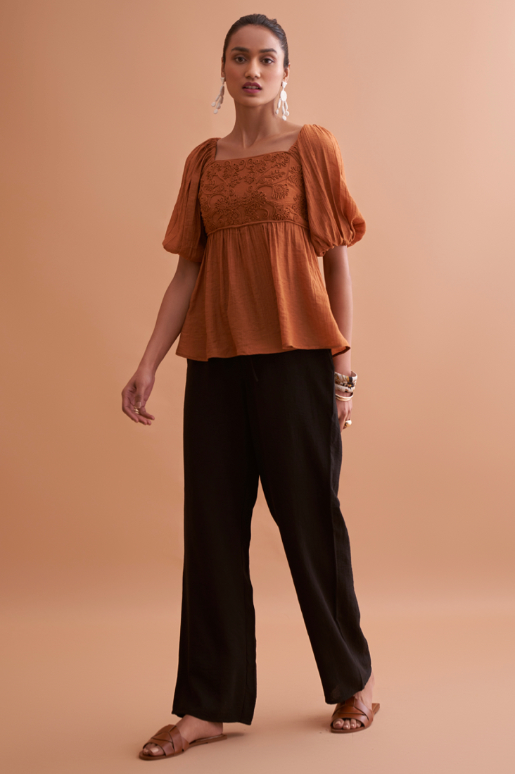 AMALFI SOLID BROWN RAYON CREPE TEXTURED FABRIC SUMMER TOP WITH SHORT SLEEVES AND EMBROIDERED NECK
