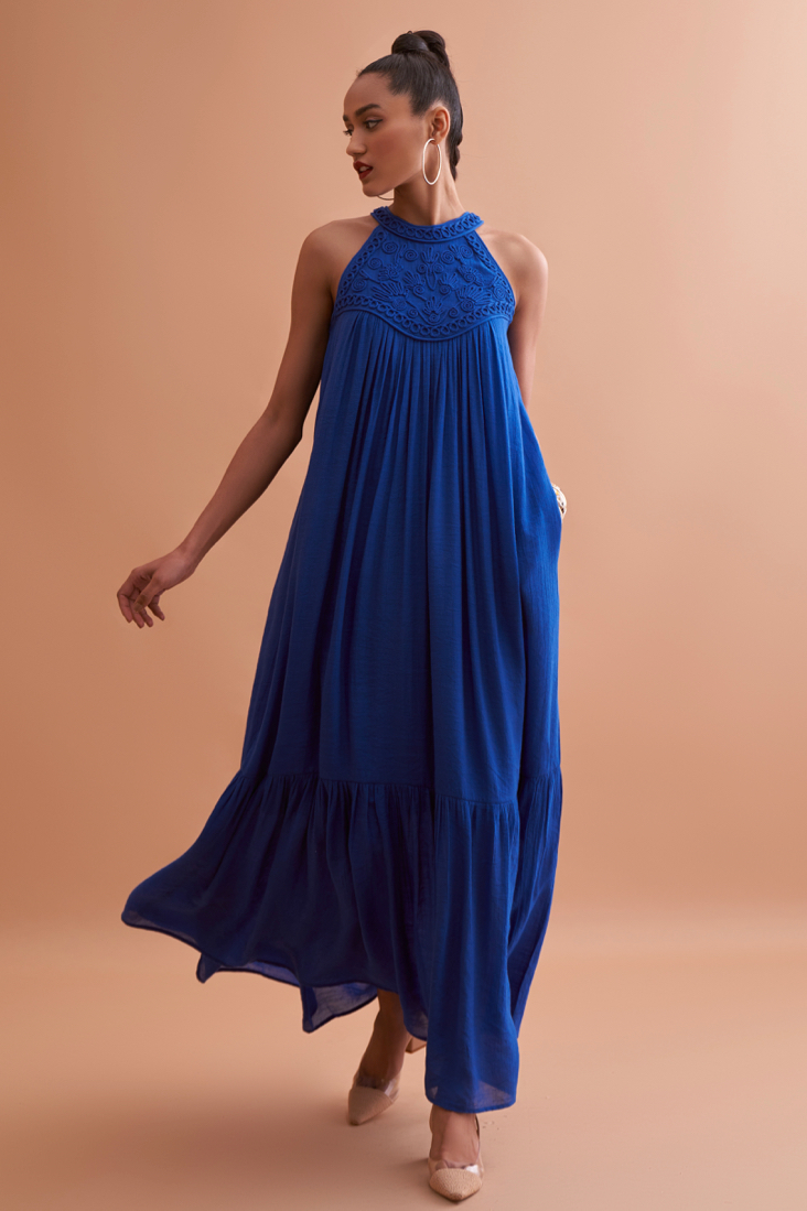 AMALFI SOLID BLUE TEXTURED RAYON CREPE SLEEVELESS MAXI DRESS WITH HAND EMBROIDERED NECK