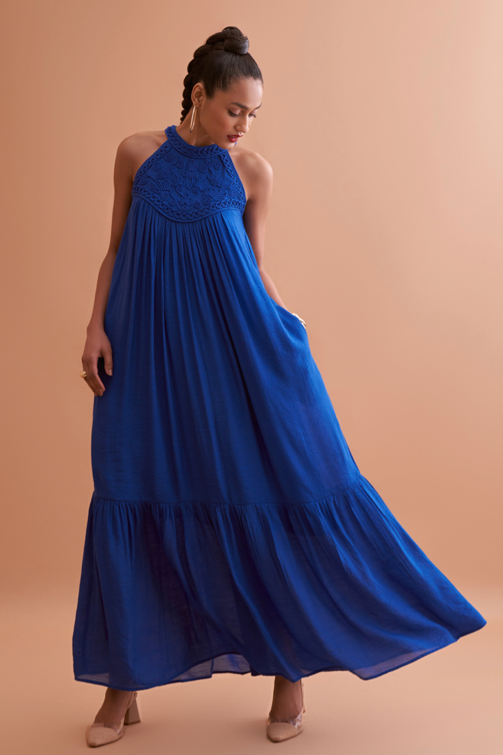 AMALFI SOLID BLUE TEXTURED RAYON CREPE SLEEVELESS MAXI DRESS WITH HAND EMBROIDERED NECK