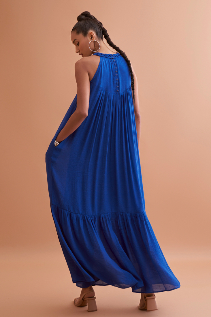 AMALFI SOLID BLUE TEXTURED RAYON CREPE SLEEVELESS MAXI DRESS WITH HAND EMBROIDERED NECK