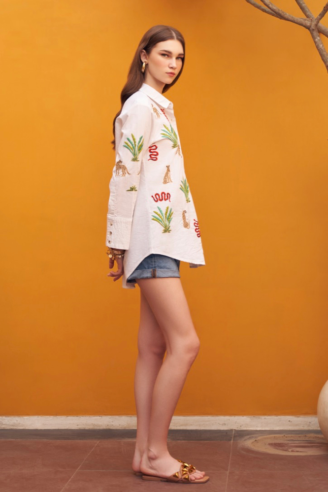 RANTHAMBORE WHITE LINEN HAND EMBROIDERED STATEMENT SUMMER SHIRT WITH FULL SLEEVES