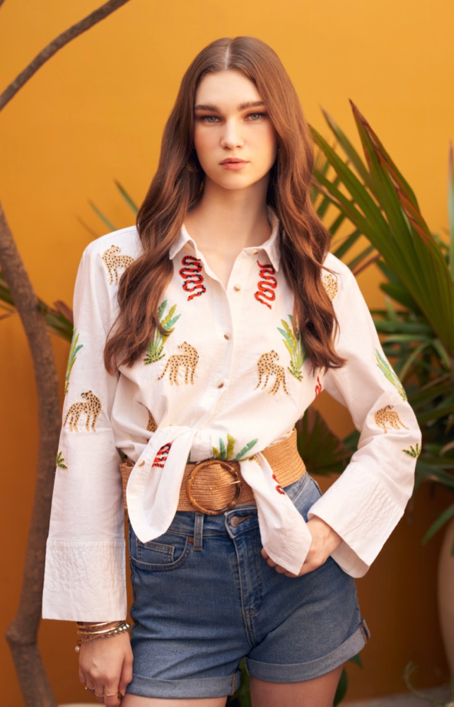 RANTHAMBORE WHITE LINEN HAND EMBROIDERED STATEMENT SUMMER SHIRT WITH FULL SLEEVES