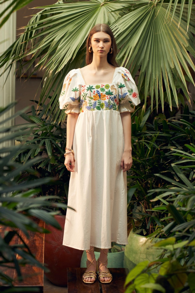RANTHAMBORE WHITE COLOR LINEN FABRIC MIDI LENGTH STATEMENT DRESS WITH HAND EMBROIDERY AND ELBOW LENGTH SLEEVES
