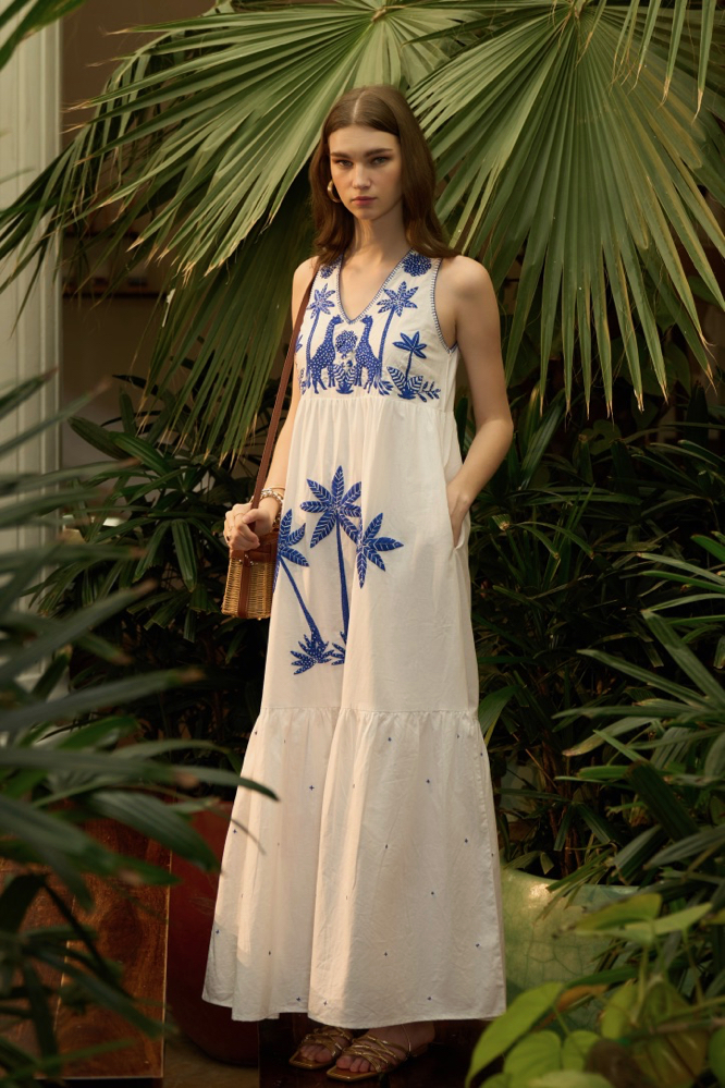 RANTHAMBORE WHITE COLOR LINEN FABRIC V-NECK SLEEVELESS MAXI BRUNCH DRESS WITH BLUE COLOR HAND EMBROIDERY