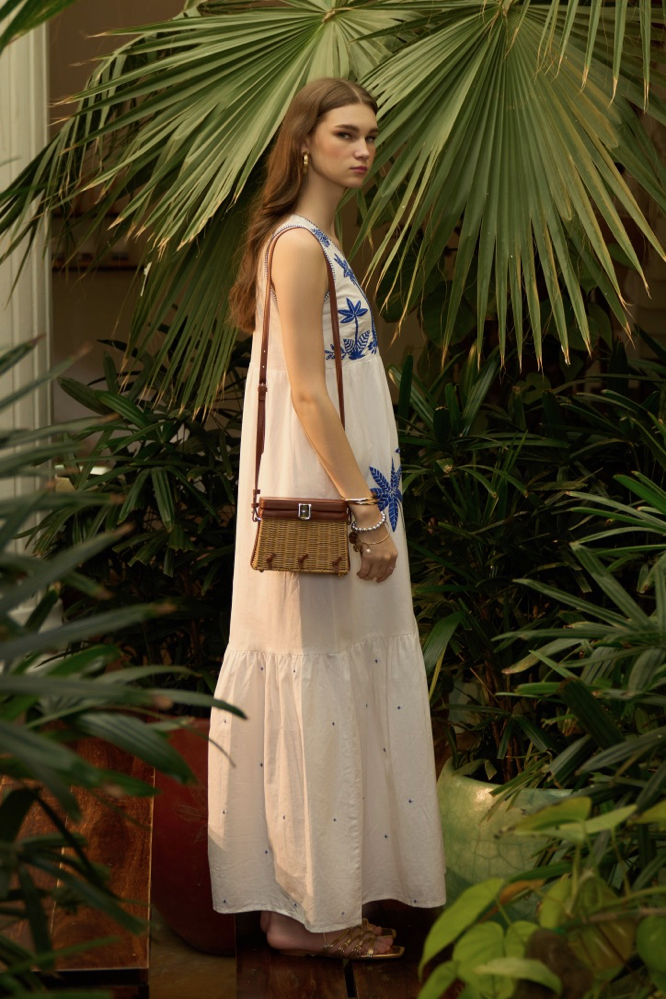 RANTHAMBORE WHITE COLOR LINEN FABRIC V-NECK SLEEVELESS MAXI BRUNCH DRESS WITH BLUE COLOR HAND EMBROIDERY