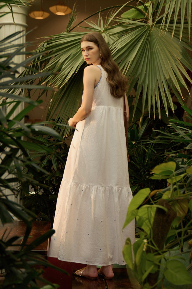 RANTHAMBORE WHITE COLOR LINEN FABRIC V-NECK SLEEVELESS MAXI BRUNCH DRESS WITH BLUE COLOR HAND EMBROIDERY