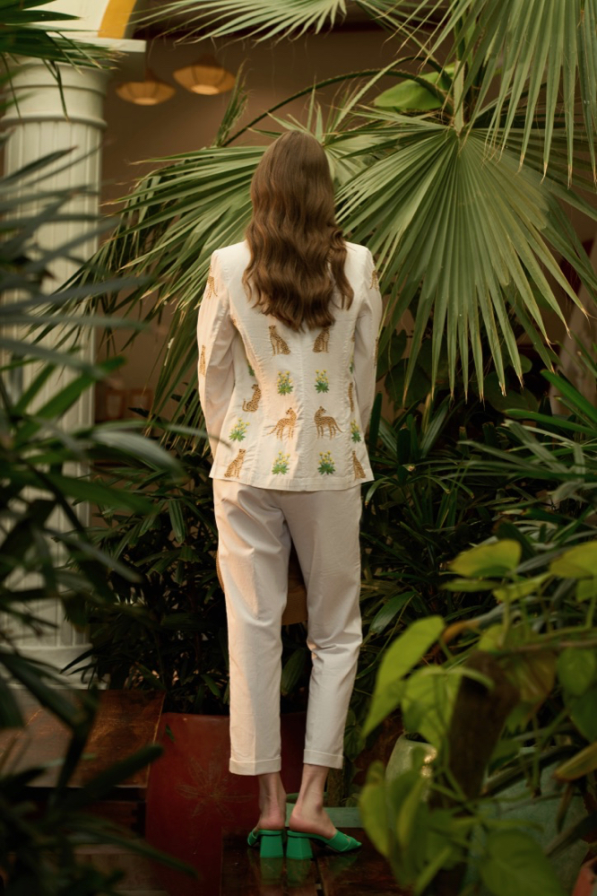 RANTHAMBORE WHITE LINEN FABRIC ALL OVER HAND EMBROIDERED STATEMENT JACKET WITH PANTS CO-ORD
