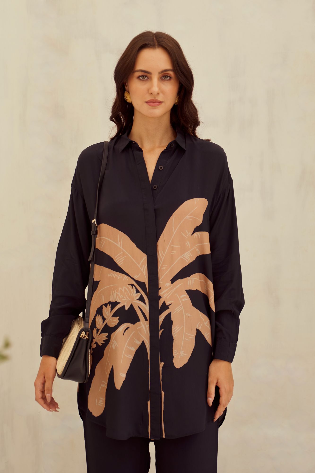 MALIBU-02 BLACK COLOR PLACEMENT PRINT VISCOSE CREPE SHIRT TUNIC AND PANTS CO-ORD SET