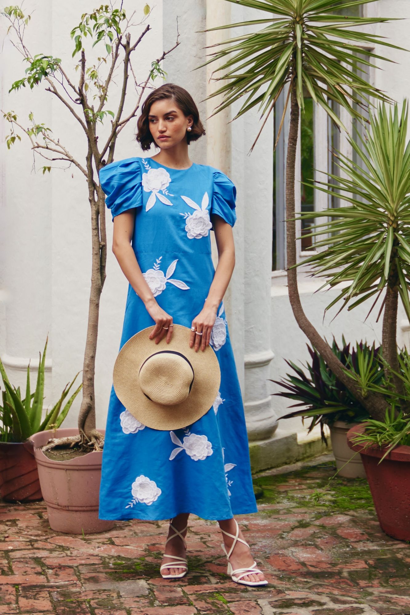 FLORENTINA COBALT BLUE LINEN FABRIC MIDI LENGTH RUCHED SLEEVES DRESS WITH CONTRAST FLORAL EMBROIDERY