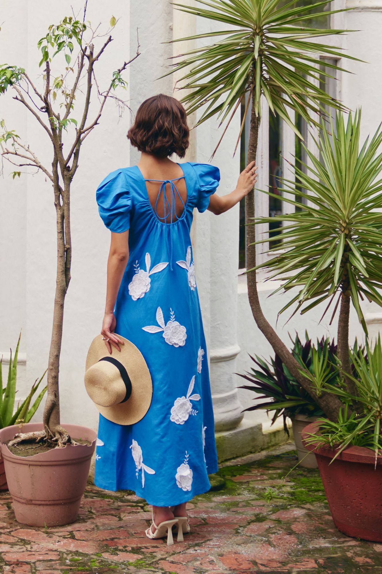 FLORENTINA COBALT BLUE LINEN FABRIC MIDI LENGTH RUCHED SLEEVES DRESS WITH CONTRAST FLORAL EMBROIDERY
