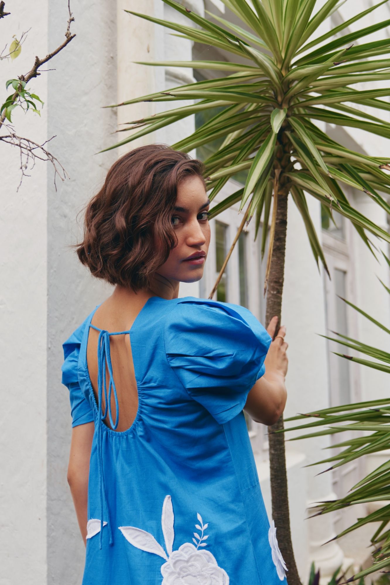 FLORENTINA COBALT BLUE LINEN FABRIC MIDI LENGTH RUCHED SLEEVES DRESS WITH CONTRAST FLORAL EMBROIDERY