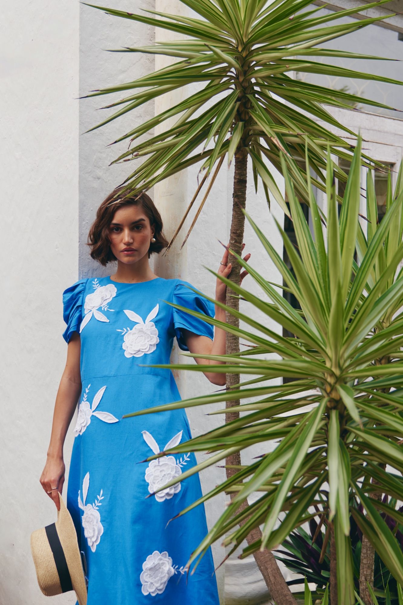 FLORENTINA COBALT BLUE LINEN FABRIC MIDI LENGTH RUCHED SLEEVES DRESS WITH CONTRAST FLORAL EMBROIDERY