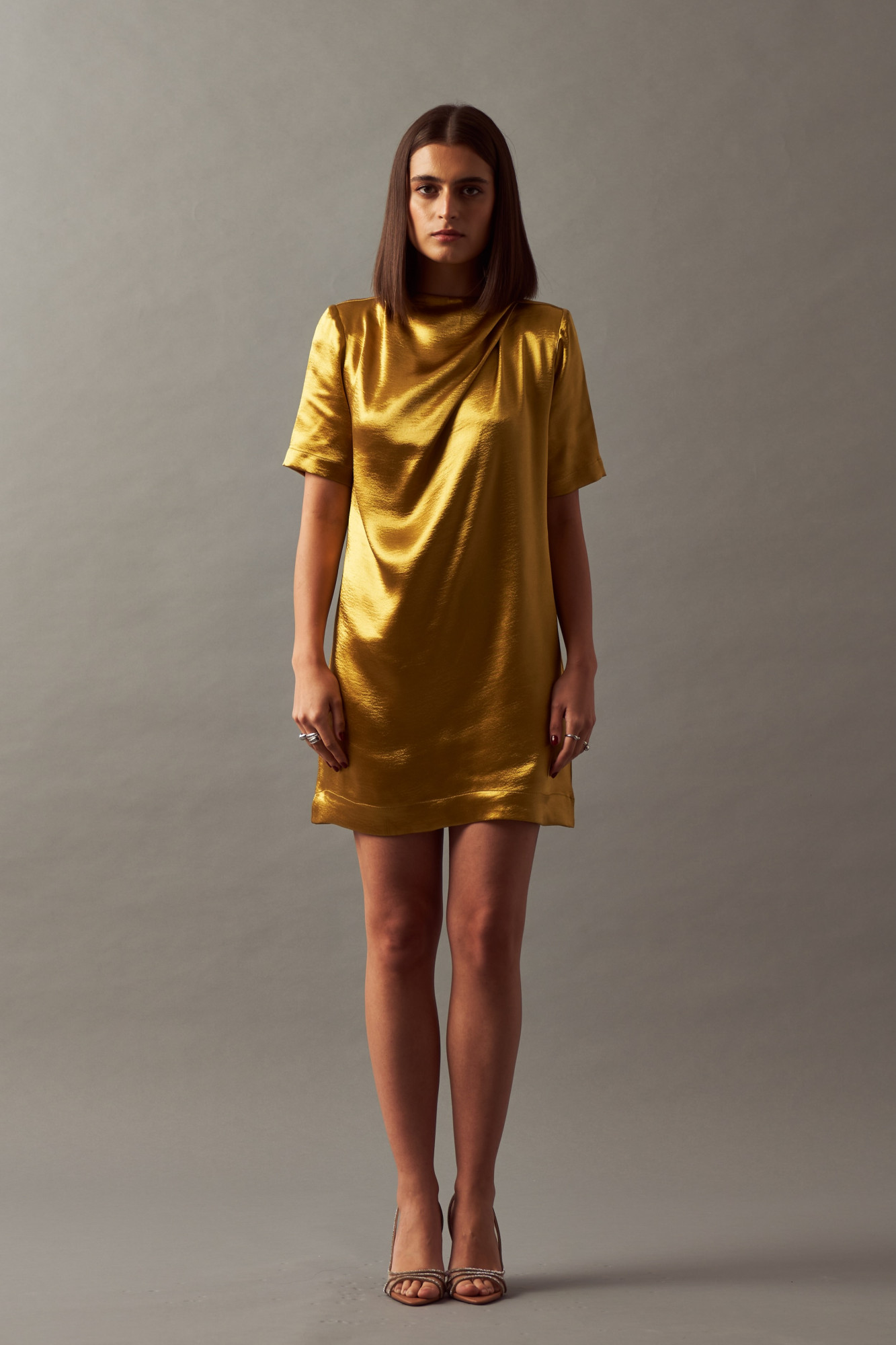 LEILA 02 METALLIC TANNED GOLD COLOR TEXTURED SATIN DRAPE DRESS
