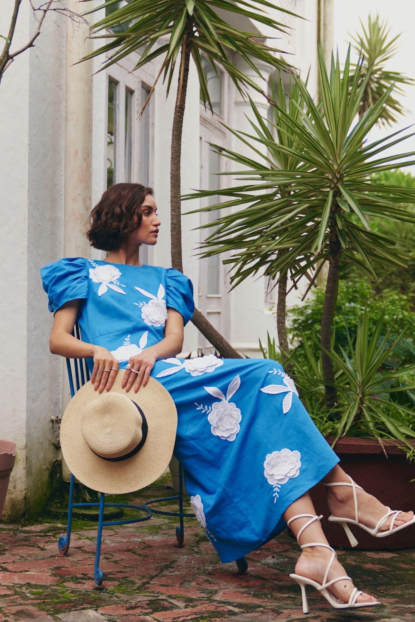 FLORENTINA COBALT BLUE LINEN FABRIC MIDI LENGTH RUCHED SLEEVES DRESS WITH CONTRAST FLORAL EMBROIDERY