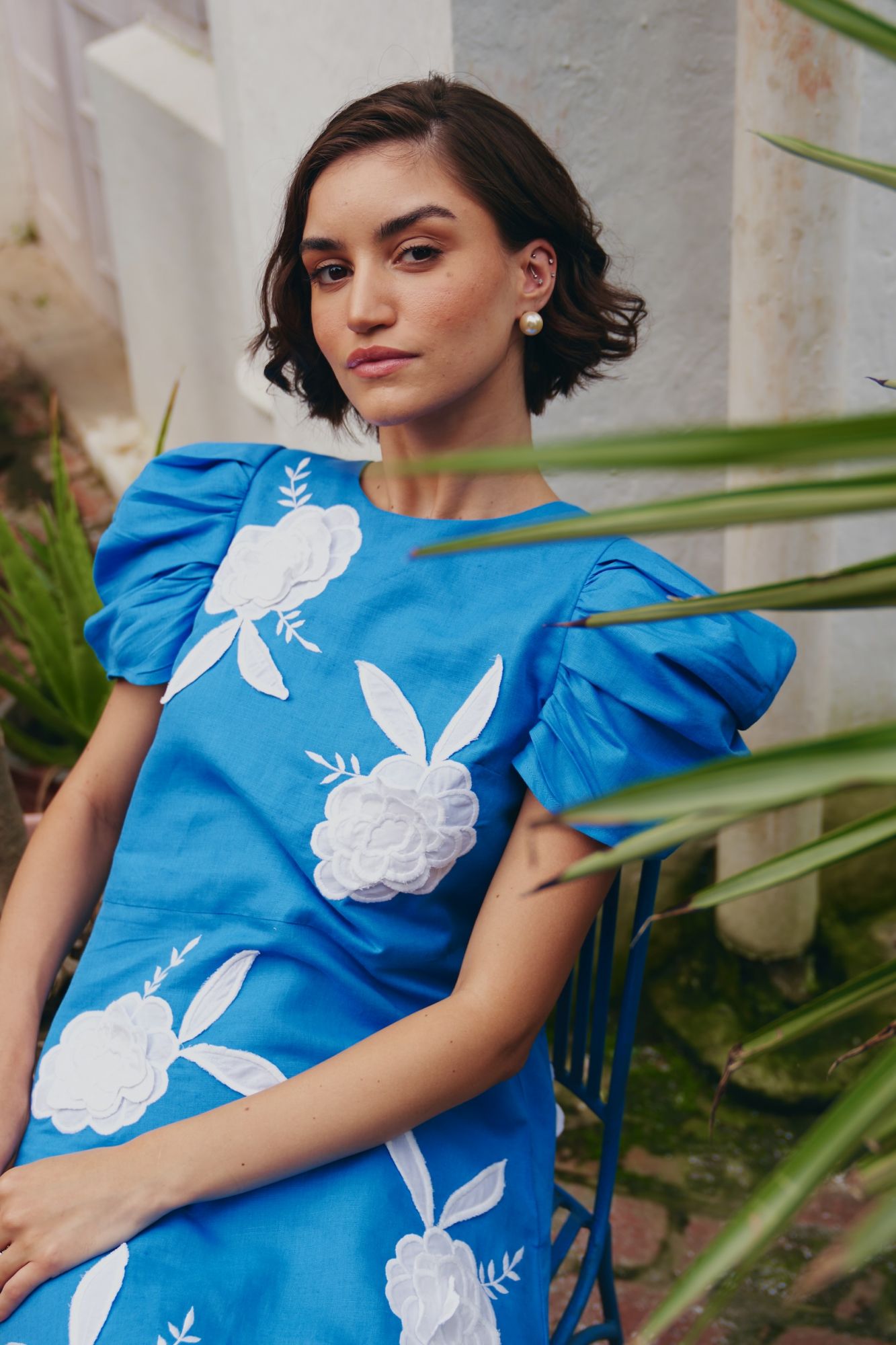 FLORENTINA COBALT BLUE LINEN FABRIC MIDI LENGTH RUCHED SLEEVES DRESS WITH CONTRAST FLORAL EMBROIDERY