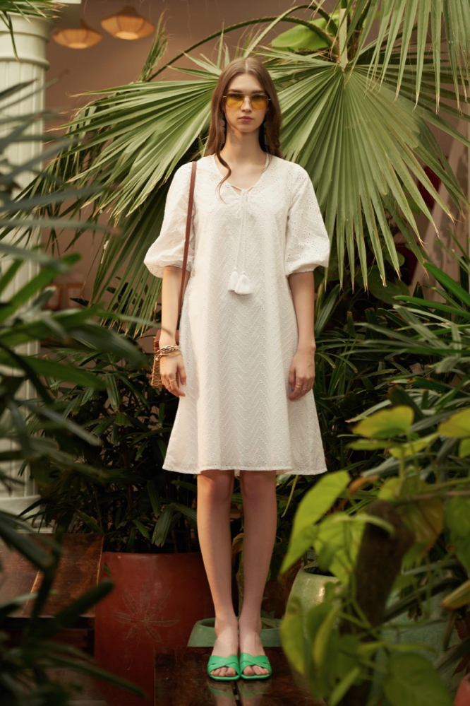 WHITE ALL OVER COTTON SCHIFFLI KNEE LENGTH 34TH SLEEVES DRESS WITH SEPARATE SLIP LINING DRESS