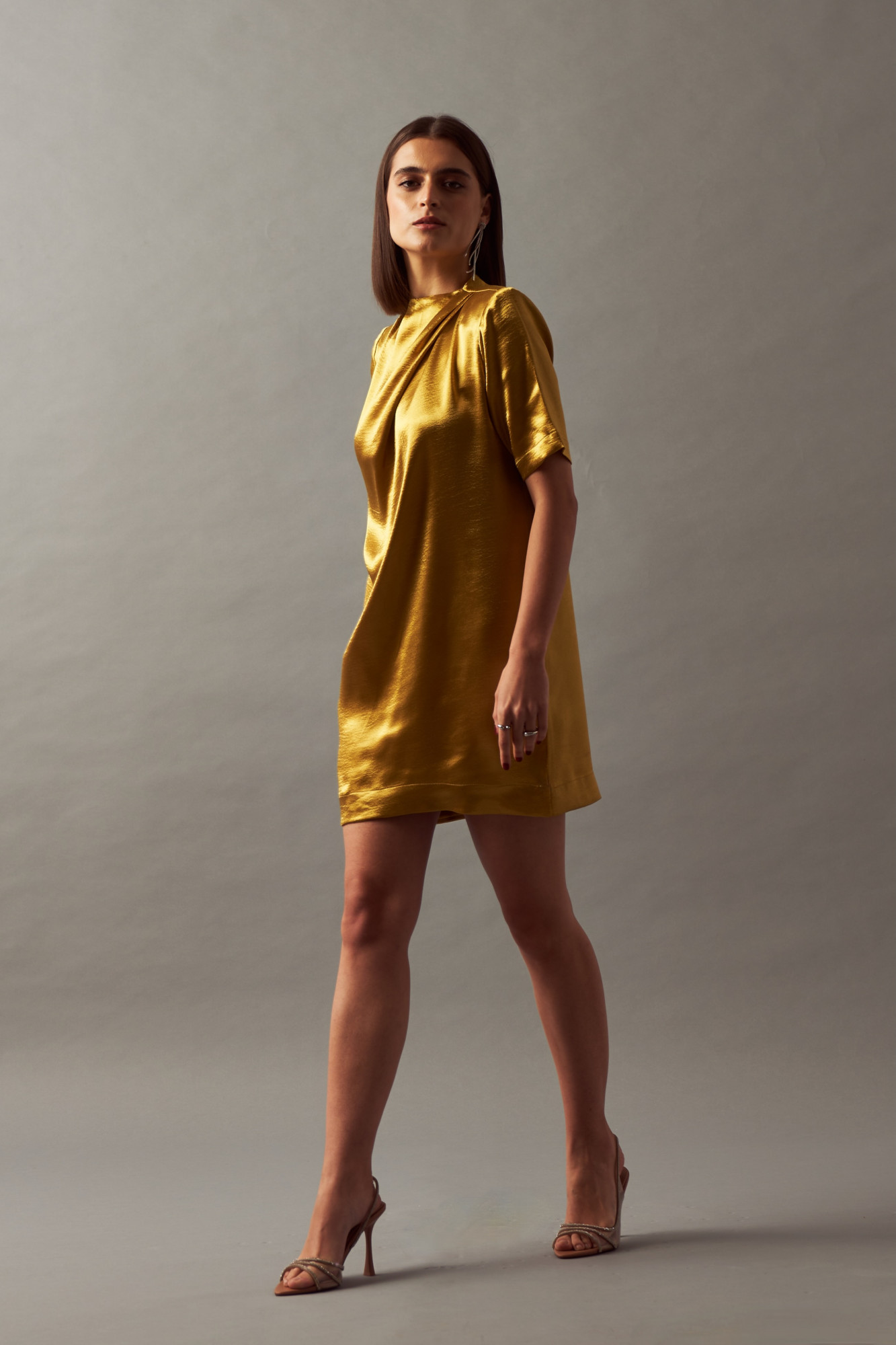 LEILA 02 METALLIC TANNED GOLD COLOR TEXTURED SATIN DRAPE DRESS