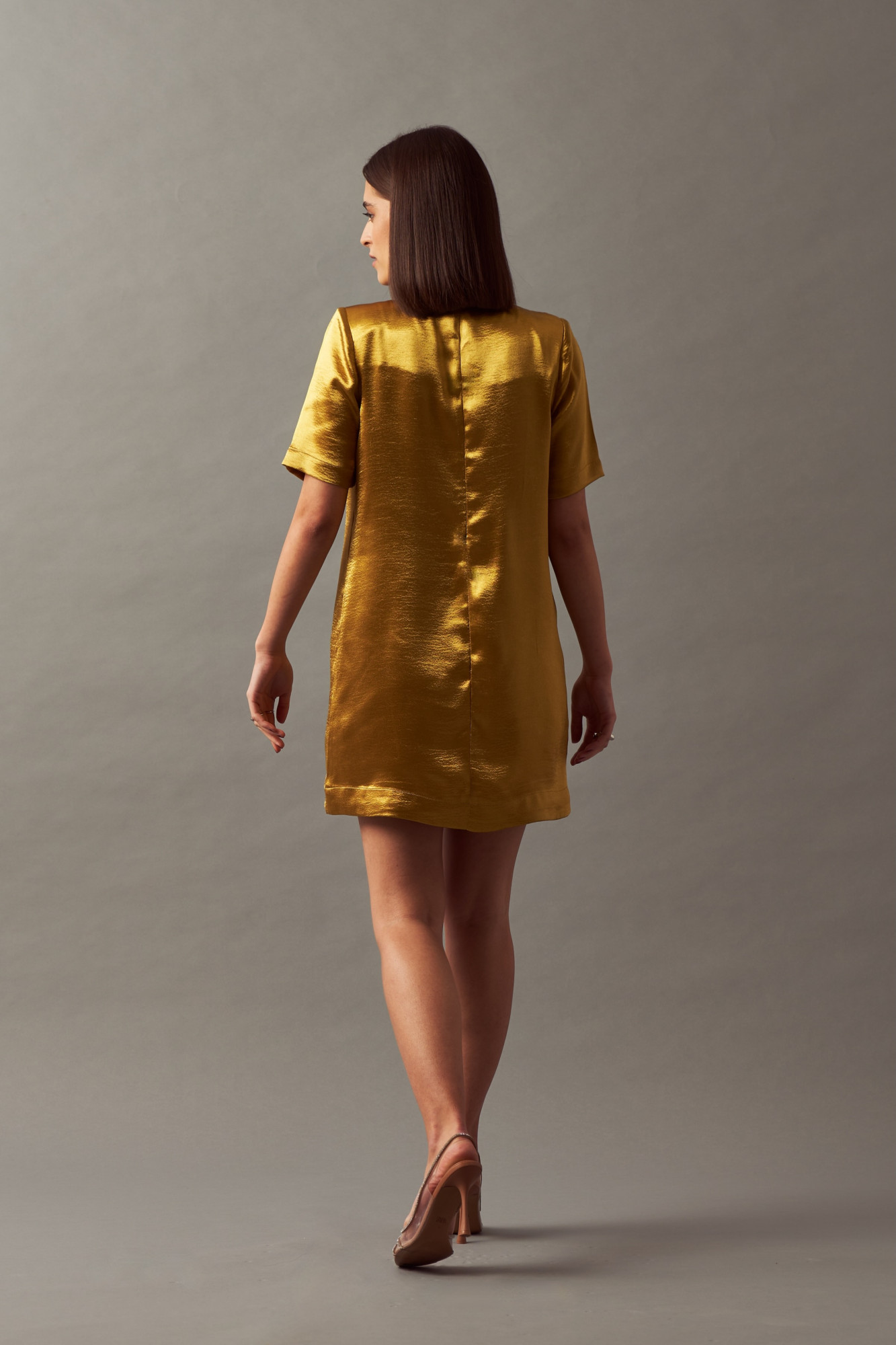 LEILA 02 METALLIC TANNED GOLD COLOR TEXTURED SATIN DRAPE DRESS