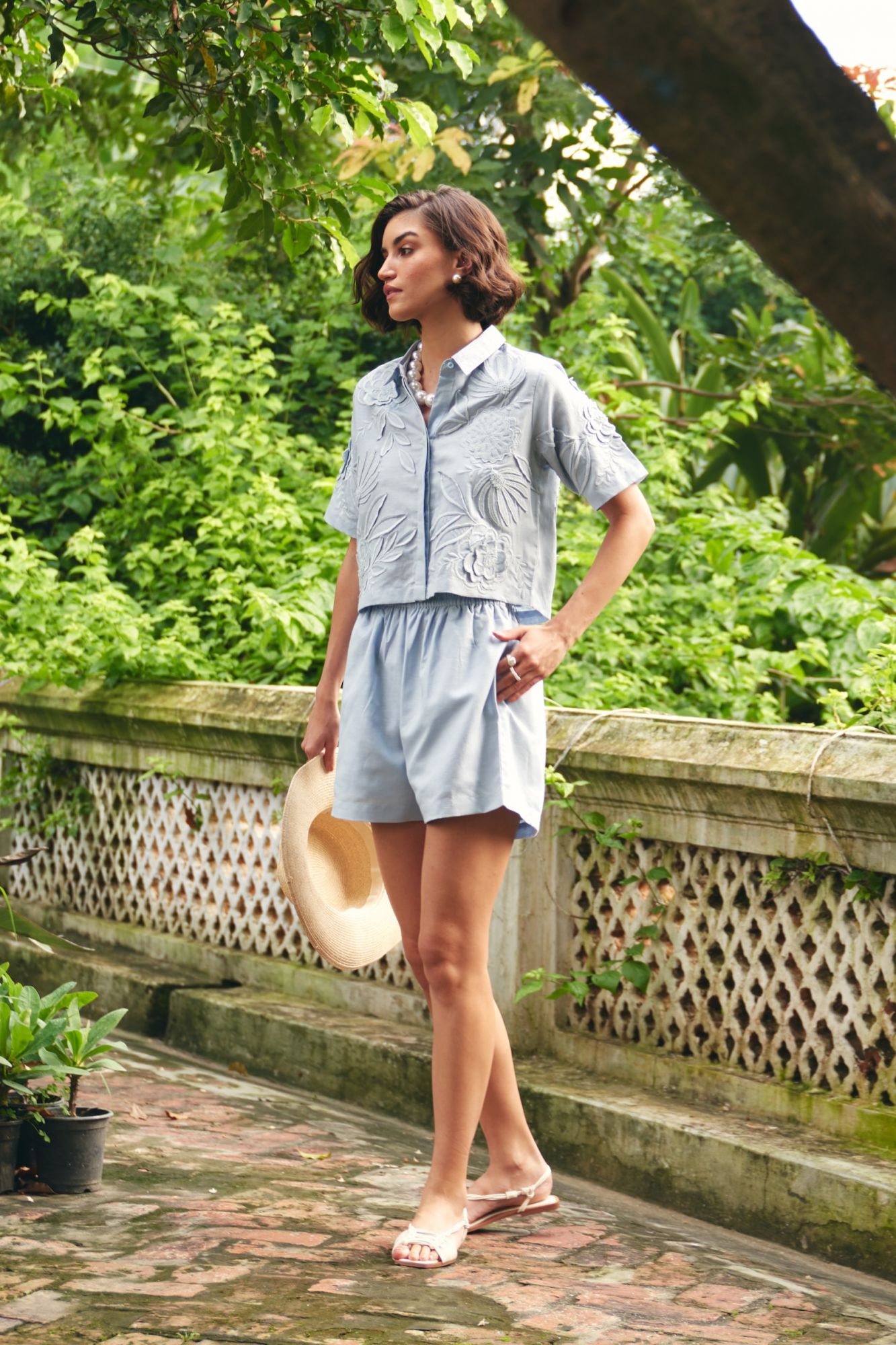 FLORENTINA SKY BLUE EMBROIDERED CROP LENGTH LINEN SHIRT AND SHORTS SUMMER CO-ORDINATE