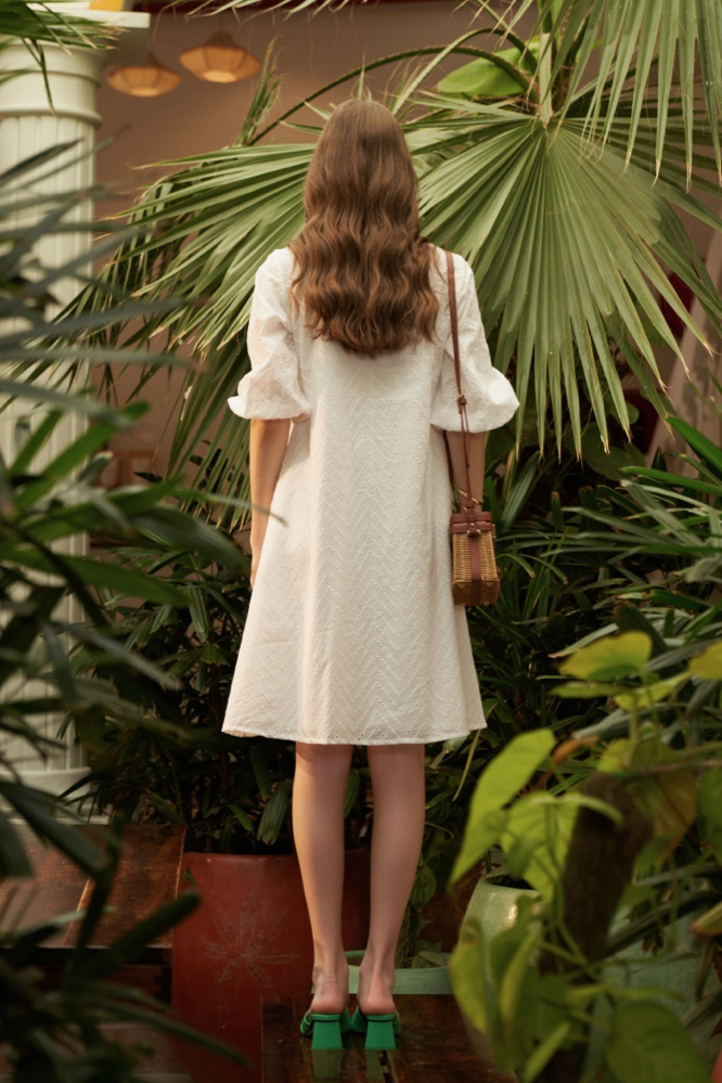 WHITE ALL OVER COTTON SCHIFFLI KNEE LENGTH 34TH SLEEVES DRESS WITH SEPARATE SLIP LINING DRESS