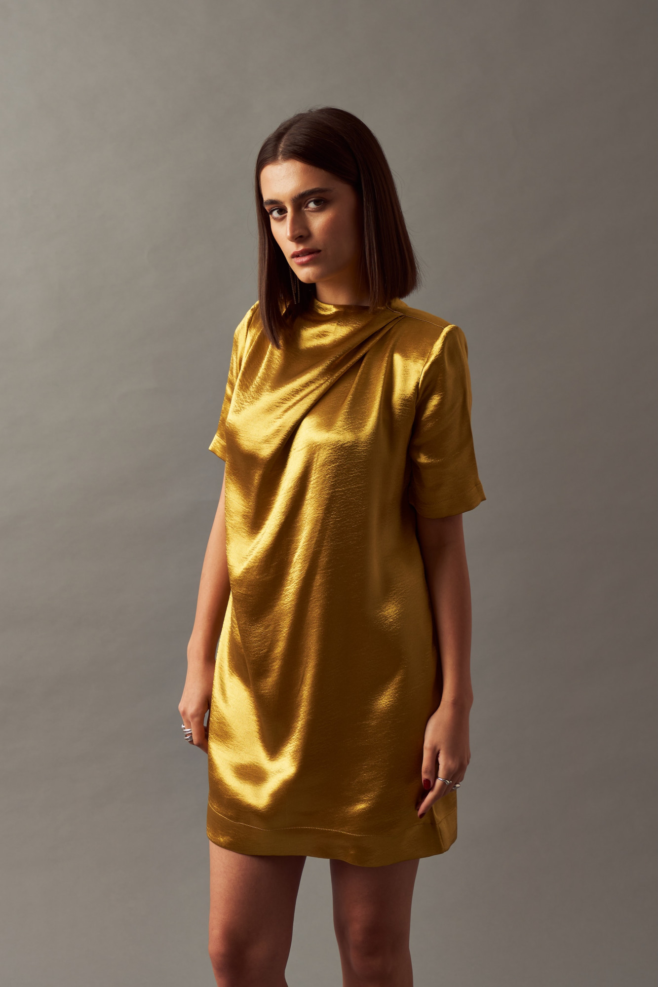 LEILA 02 METALLIC TANNED GOLD COLOR TEXTURED SATIN DRAPE DRESS
