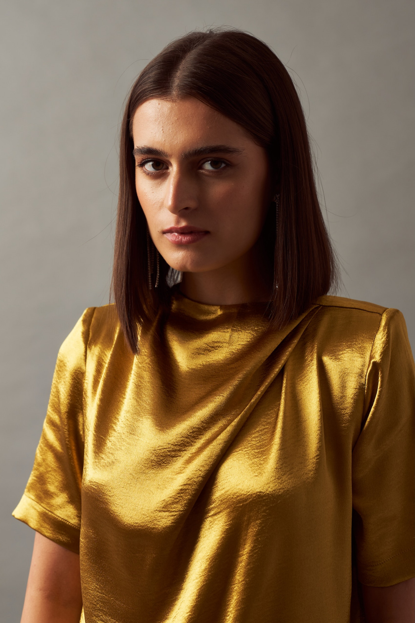 LEILA 02 METALLIC TANNED GOLD COLOR TEXTURED SATIN DRAPE DRESS