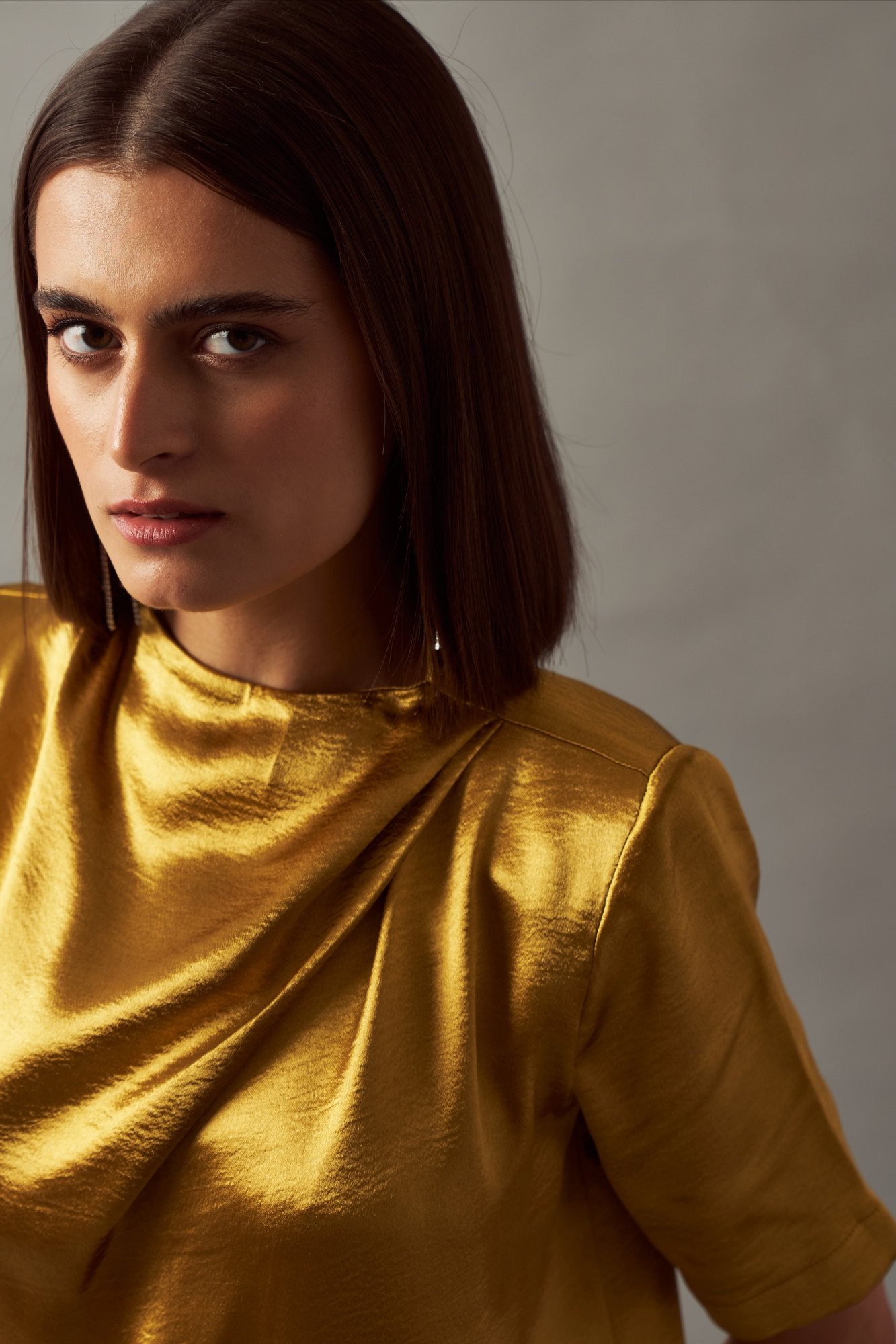 LEILA 02 METALLIC TANNED GOLD COLOR TEXTURED SATIN DRAPE DRESS