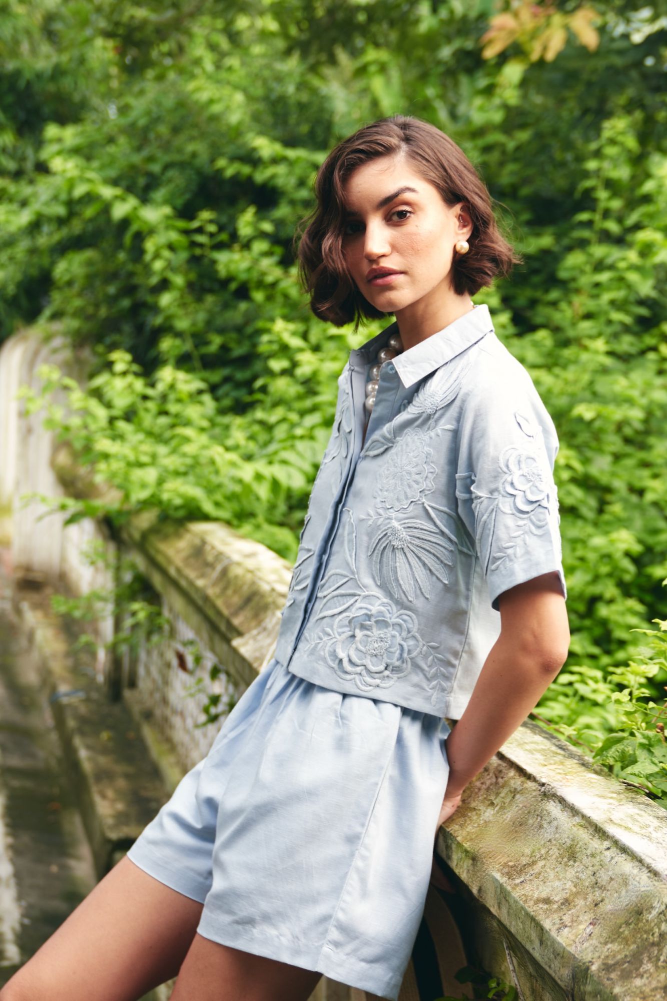 FLORENTINA SKY BLUE EMBROIDERED CROP LENGTH LINEN SHIRT AND SHORTS  SUMMER CO-ORDINATE