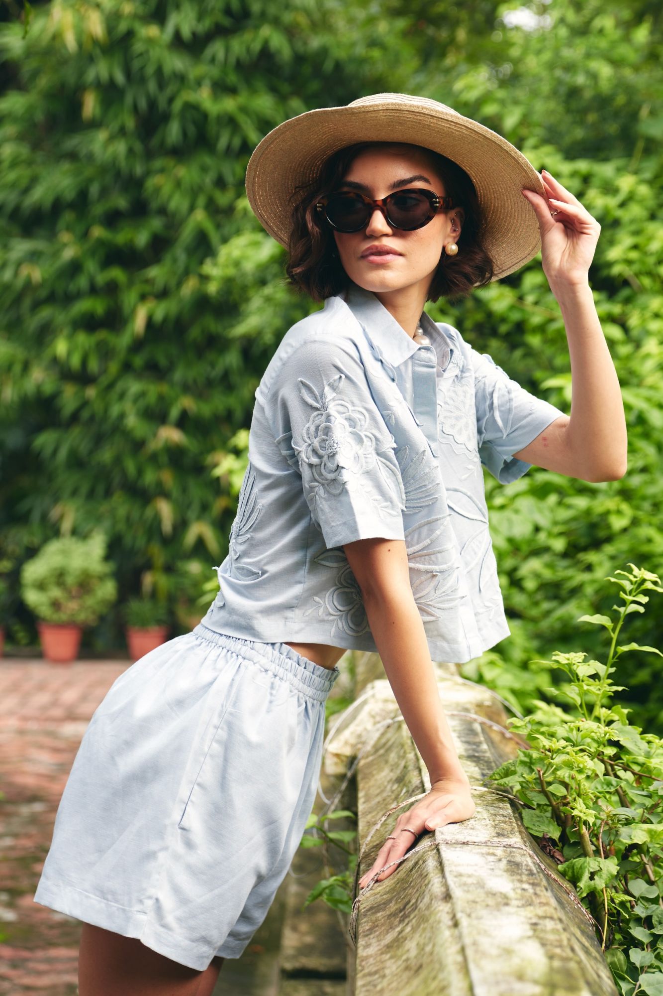 FLORENTINA SKY BLUE EMBROIDERED CROP LENGTH LINEN SHIRT AND SHORTS  SUMMER CO-ORDINATE