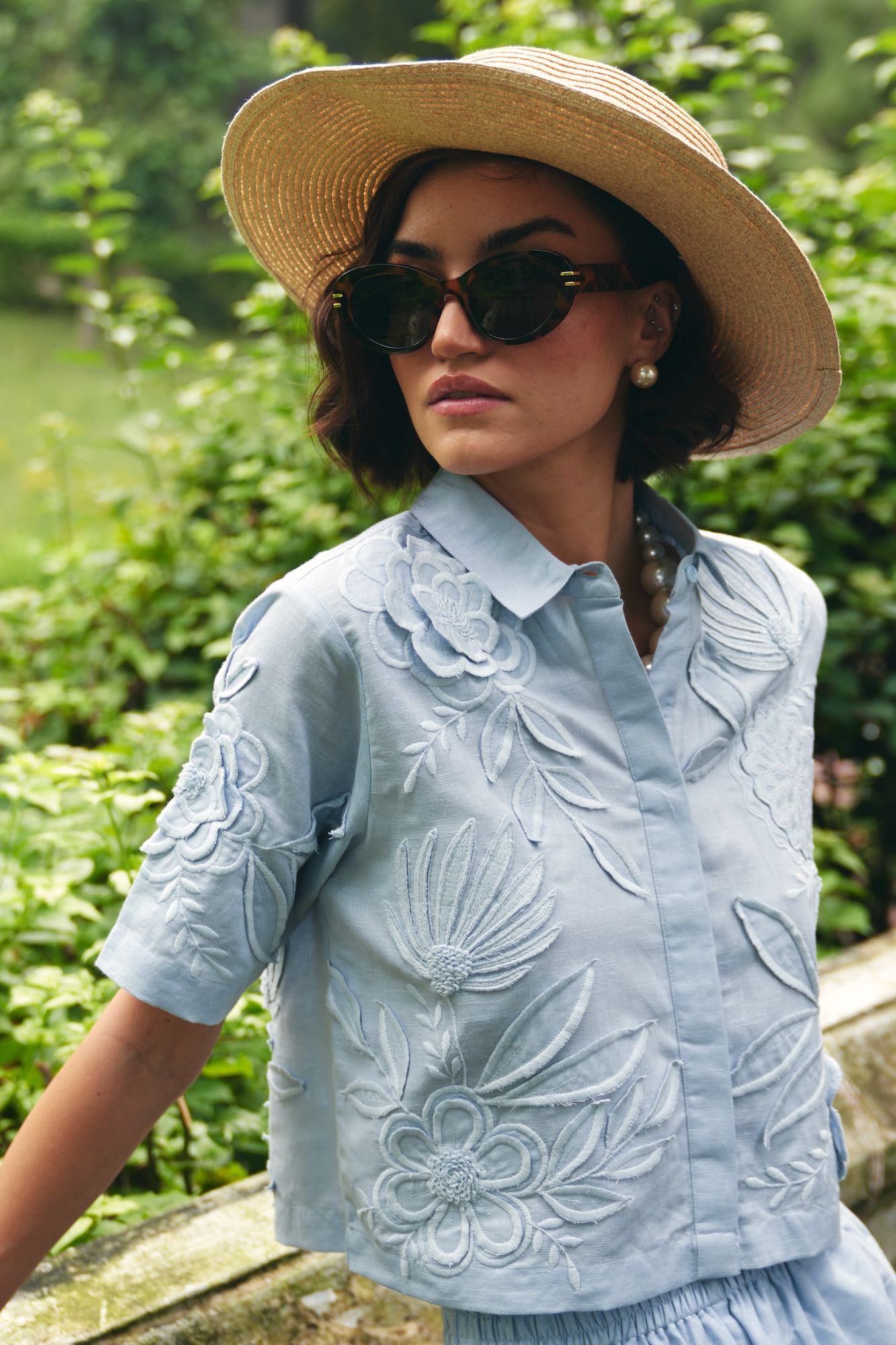 FLORENTINA SKY BLUE LINEN FABRIC HALF SLEEVES SUMMER SHIRT CROP TOP WITH FLOWER EMBROIDERY