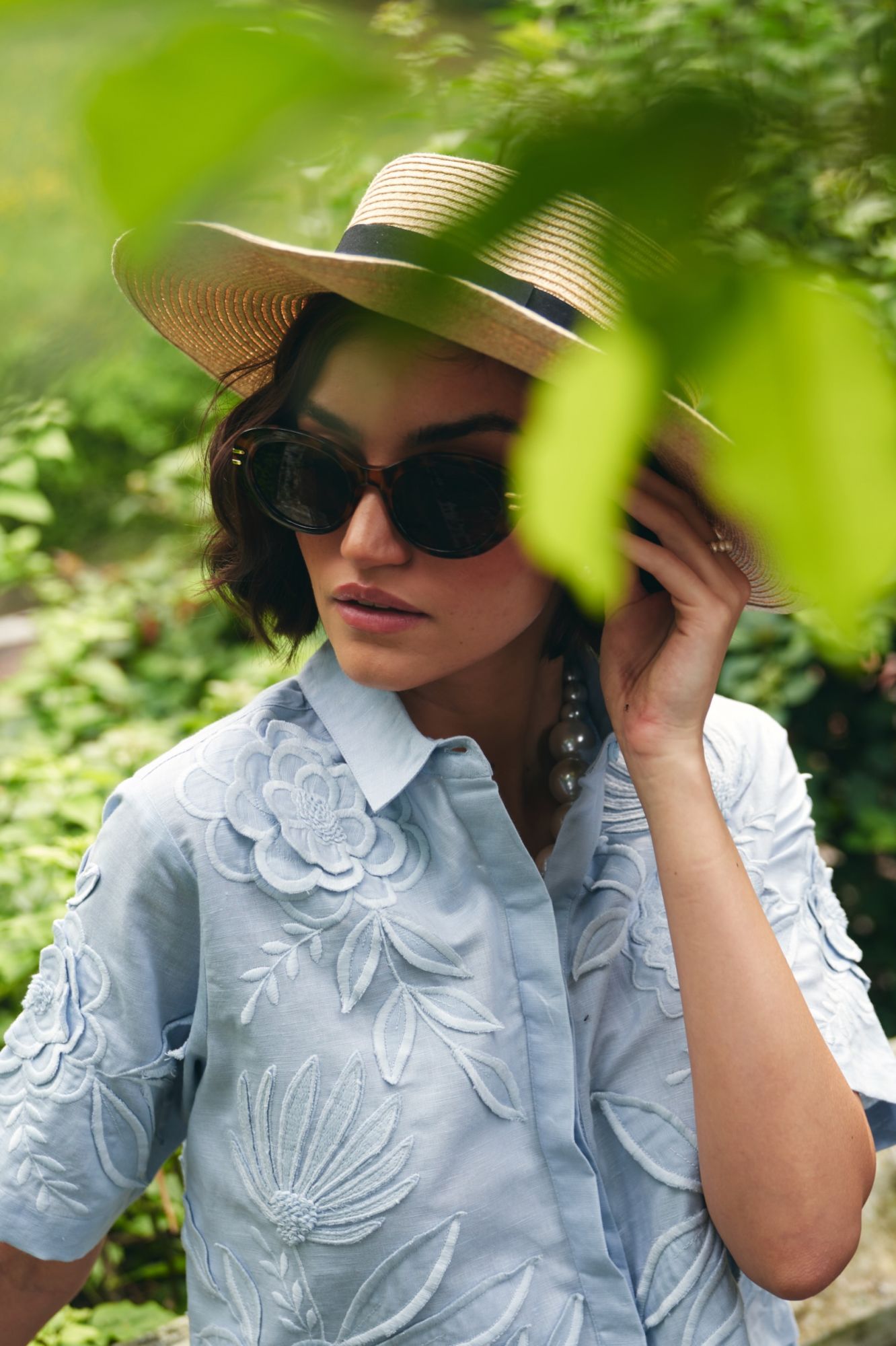 FLORENTINA SKY BLUE LINEN FABRIC HALF SLEEVES SUMMER SHIRT CROP TOP WITH FLOWER EMBROIDERY