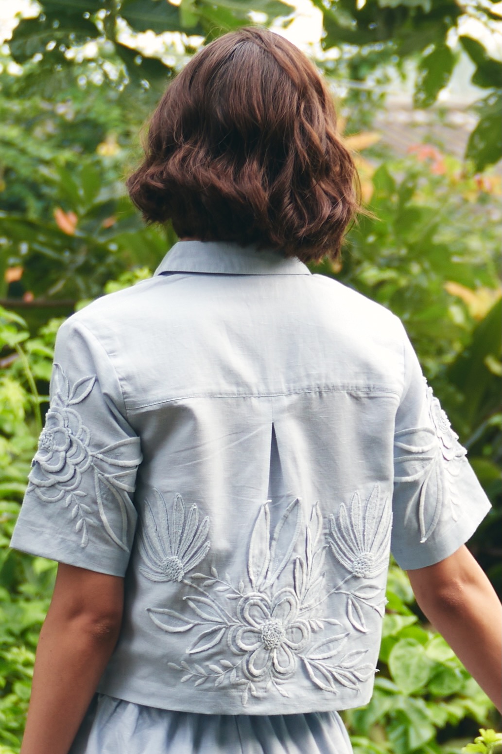 FLORENTINA SKY BLUE LINEN FABRIC HALF SLEEVES SUMMER SHIRT CROP TOP WITH FLOWER EMBROIDERY