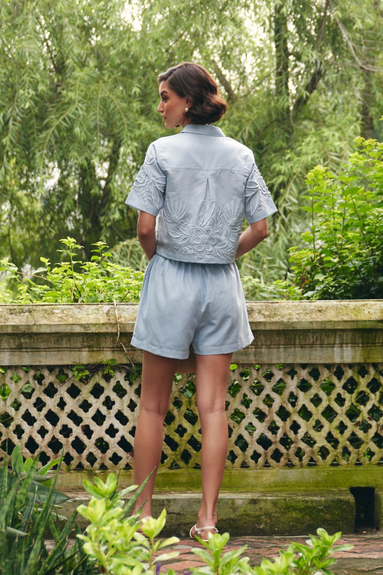 FLORENTINA SKY BLUE EMBROIDERED CROP LENGTH LINEN SHIRT AND SHORTS  SUMMER CO-ORDINATE