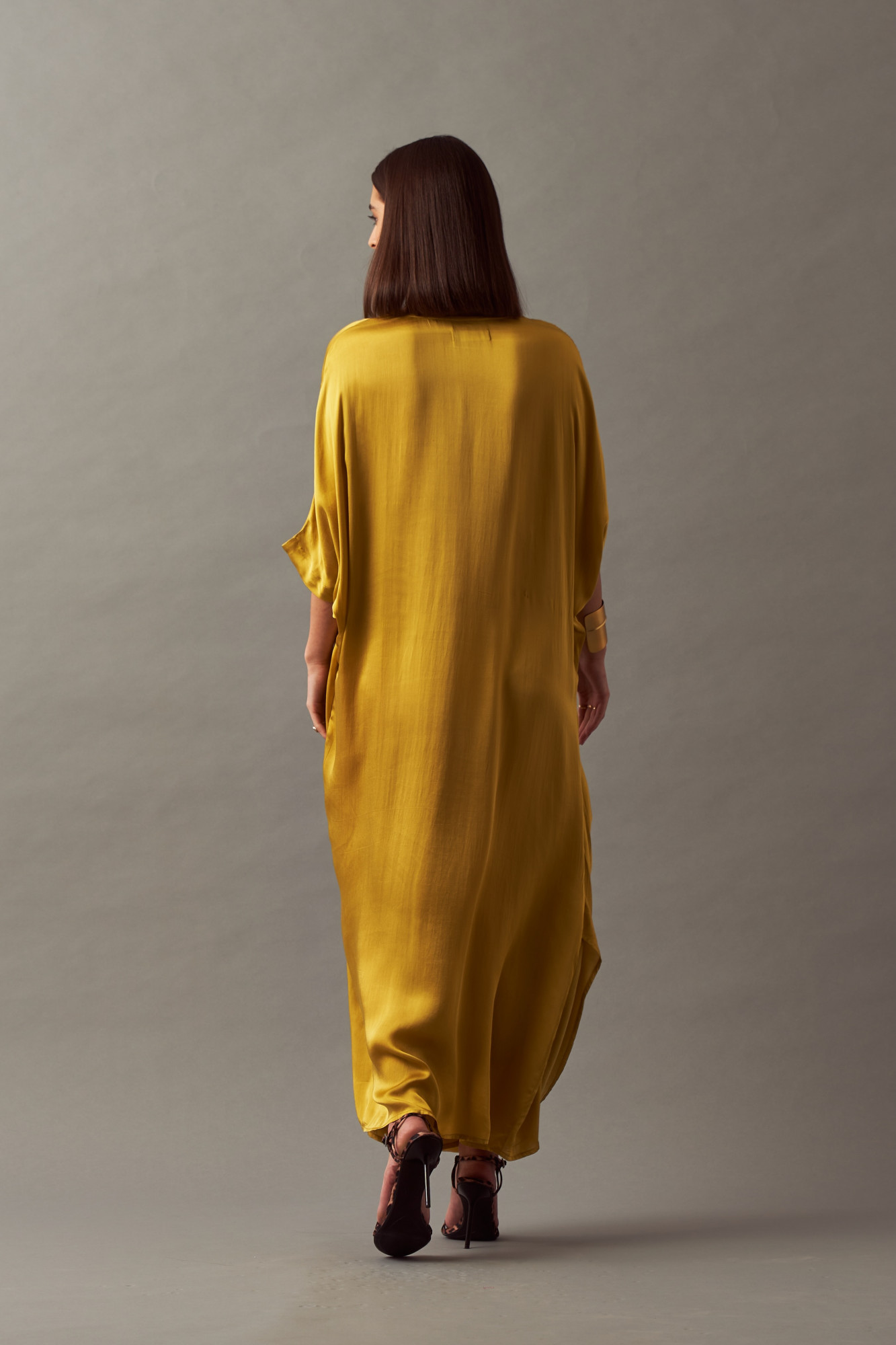 LEILA 02 SOLID MUSTARD COLOR MIDI LENGTH DRAPE DRESS WITH LEATHER BELT