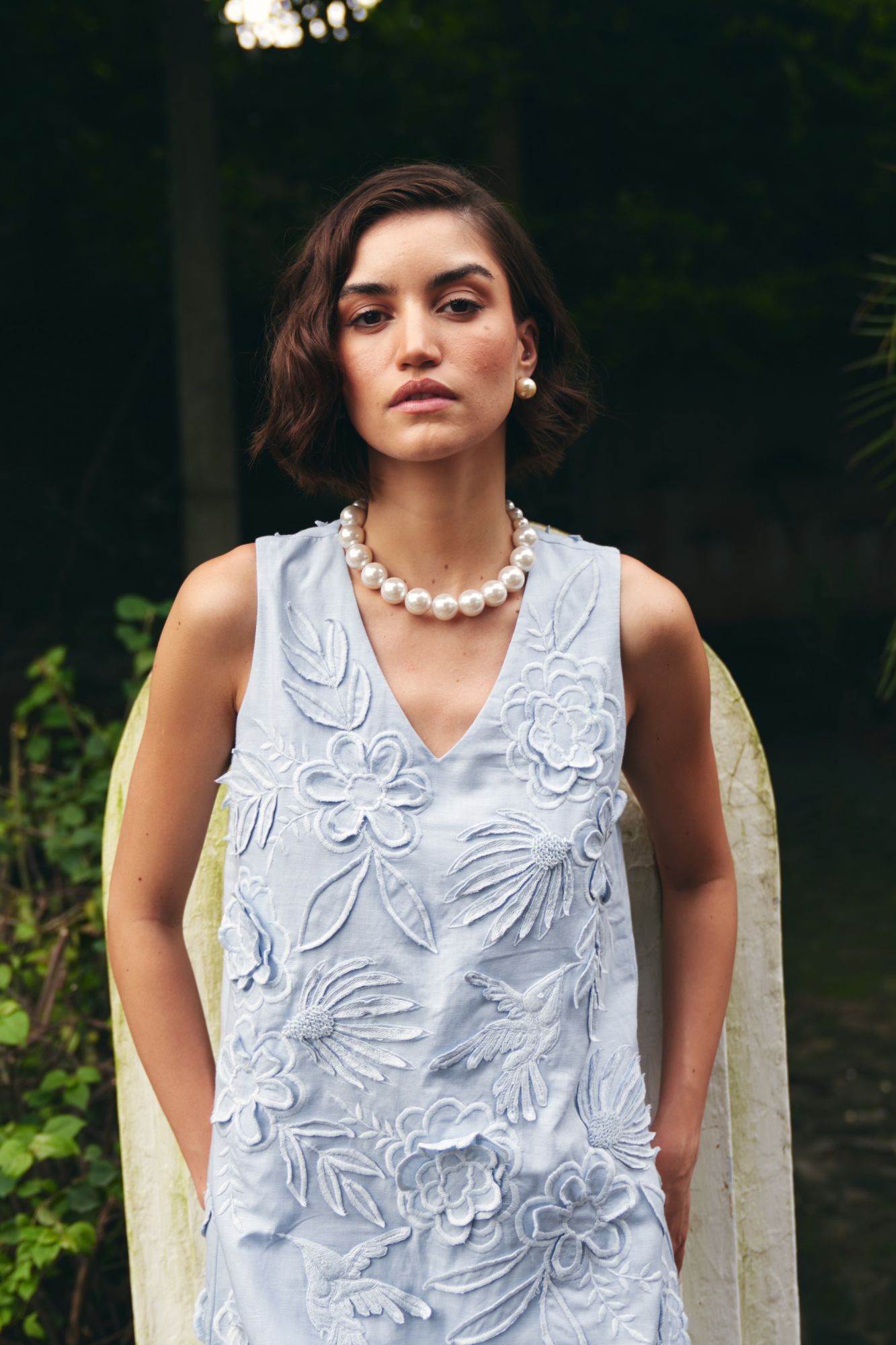 FLORENTINA SKY BLUE COLOR LINEN FABRIC SLEEVELESS MID THIGH LENGTH EMBROIDERED SHIFT DRESS