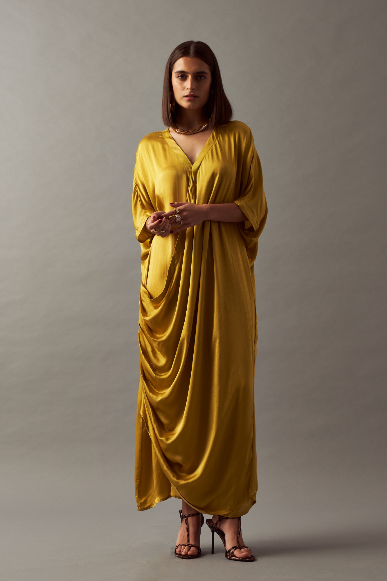 LEILA 02 SOLID MUSTARD COLOR MIDI LENGTH DRAPE DRESS WITH LEATHER BELT