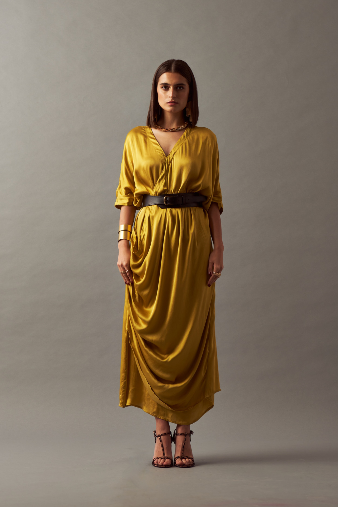 LEILA 02 SOLID MUSTARD COLOR MIDI LENGTH DRAPE DRESS WITH LEATHER BELT