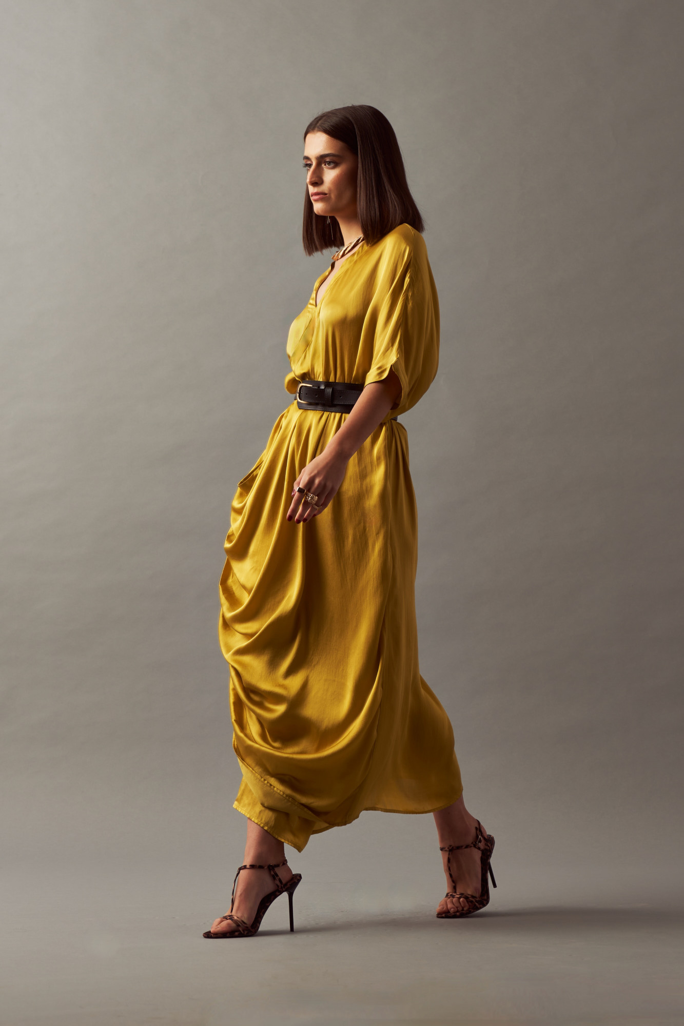 LEILA 02 SOLID MUSTARD COLOR MIDI LENGTH DRAPE DRESS WITH LEATHER BELT