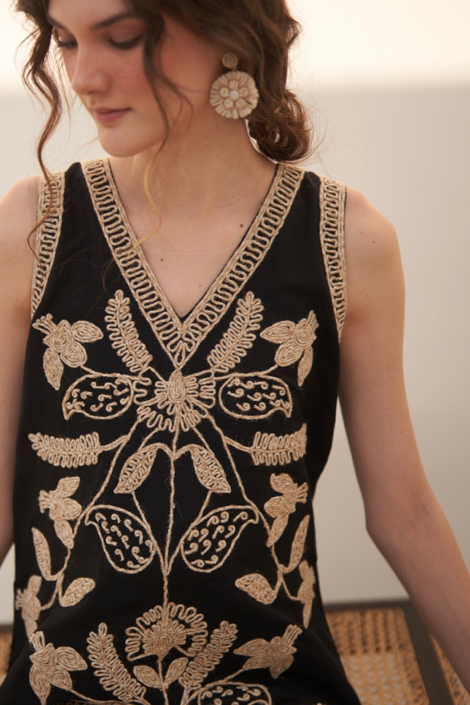 MALIBU BLACK LINEN SLEEVELESS V NECK KNEE LENGTH SUMMER SHIFT DRESS WITH JUTE DORI HAND EMBROIDERY