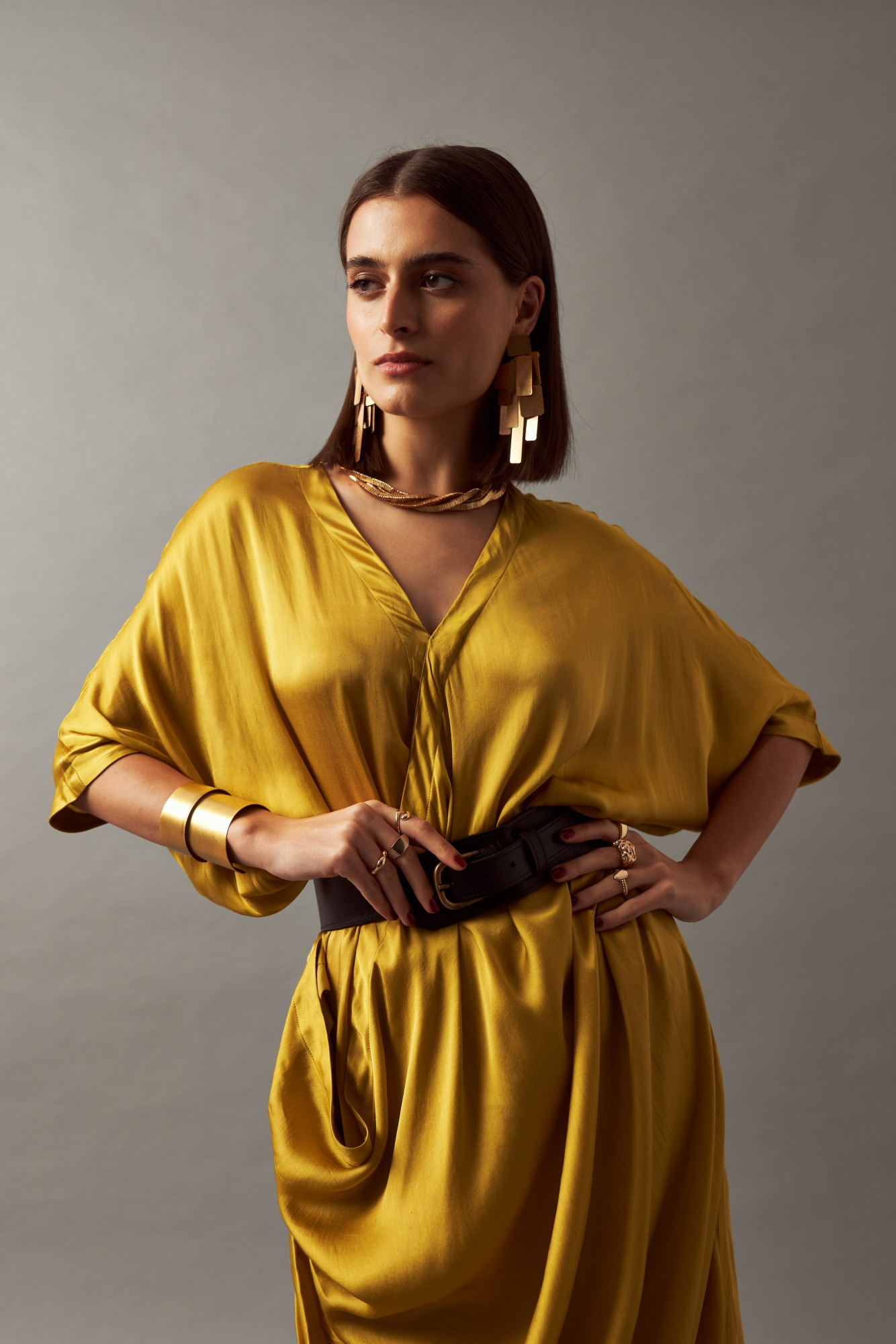 LEILA 02 SOLID MUSTARD COLOR MIDI LENGTH DRAPE DRESS WITH LEATHER BELT