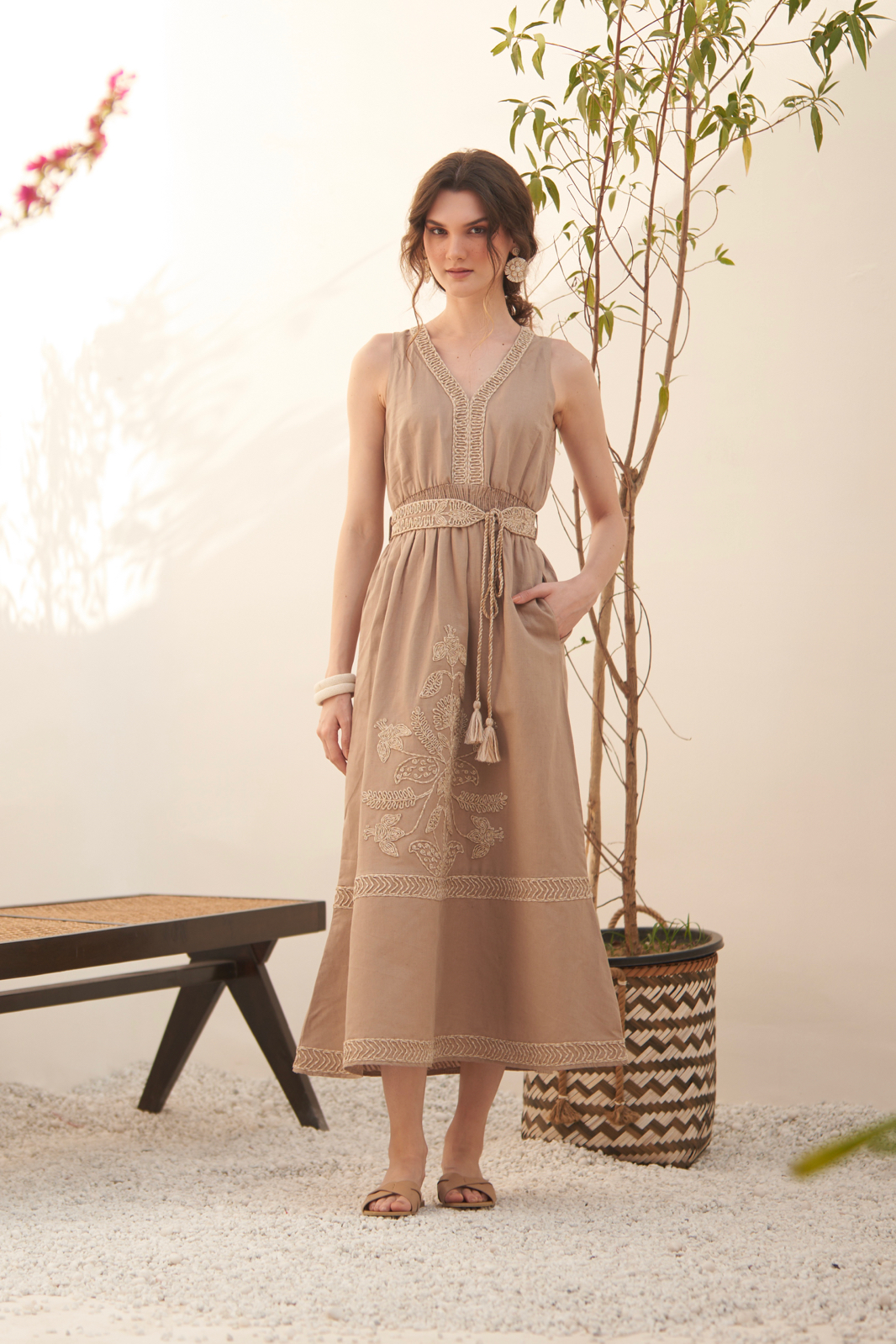 MALIBU BROWN COTTON LINEN MIDI LENGTH SLEEVELESS DRESS WITH JUTE DORI EMBROIDERY EMBROIDERED SASH