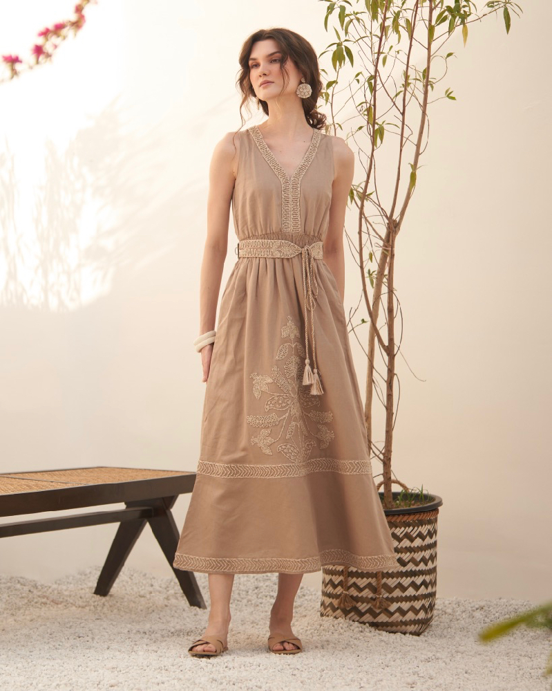MALIBU BROWN COTTON LINEN MIDI LENGTH SLEEVELESS DRESS WITH JUTE DORI EMBROIDERY EMBROIDERED SASH