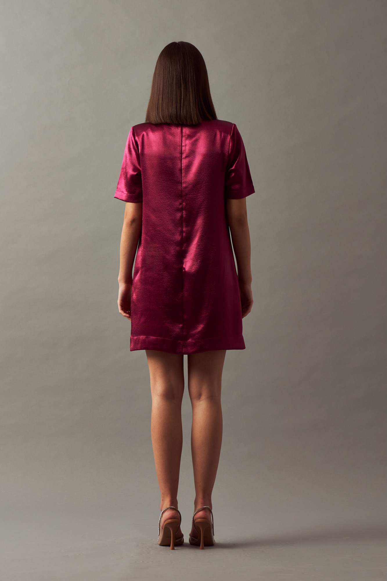 LEILA 02 METALLIC WINE TEXTURED SATIN  FABRIC SHORT LENTH DRAPED DRESS