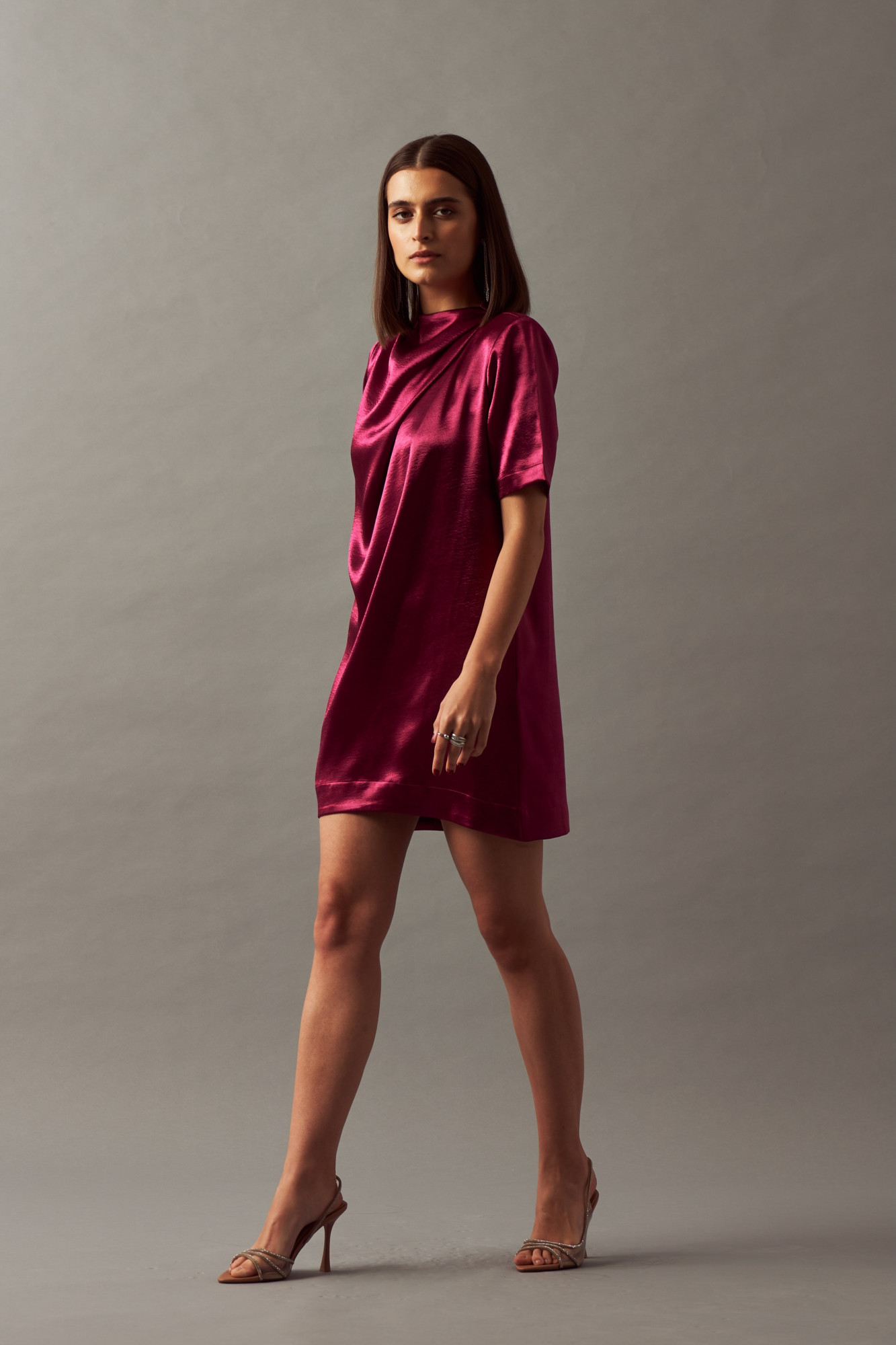 LEILA 02 METALLIC WINE TEXTURED SATIN FABRIC SHORT LENTH DRAPED DRESS