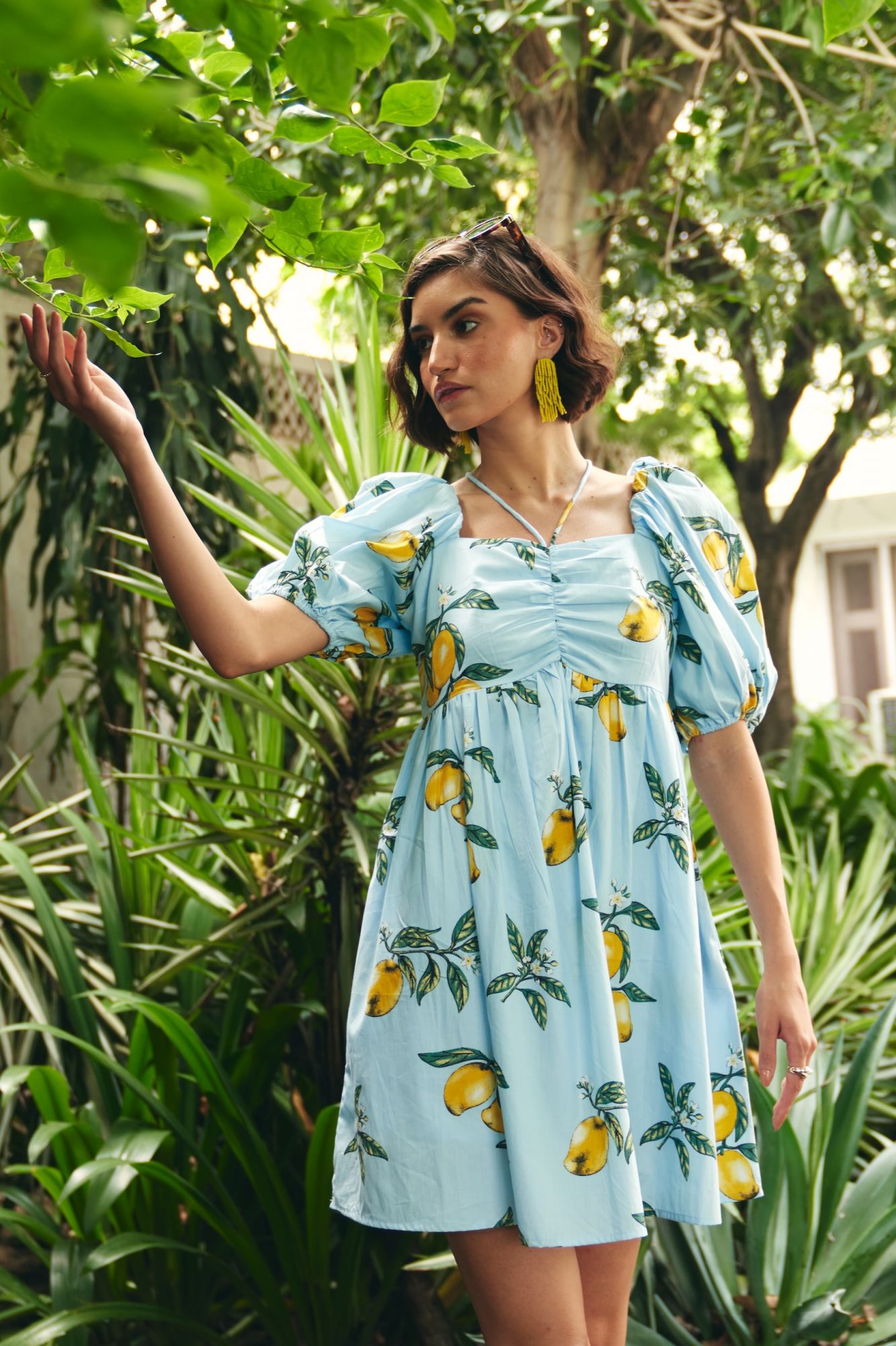 Florentina Lemon Print Cotton Knee Length Lined Summer Dress With Elbow Length Sleeves