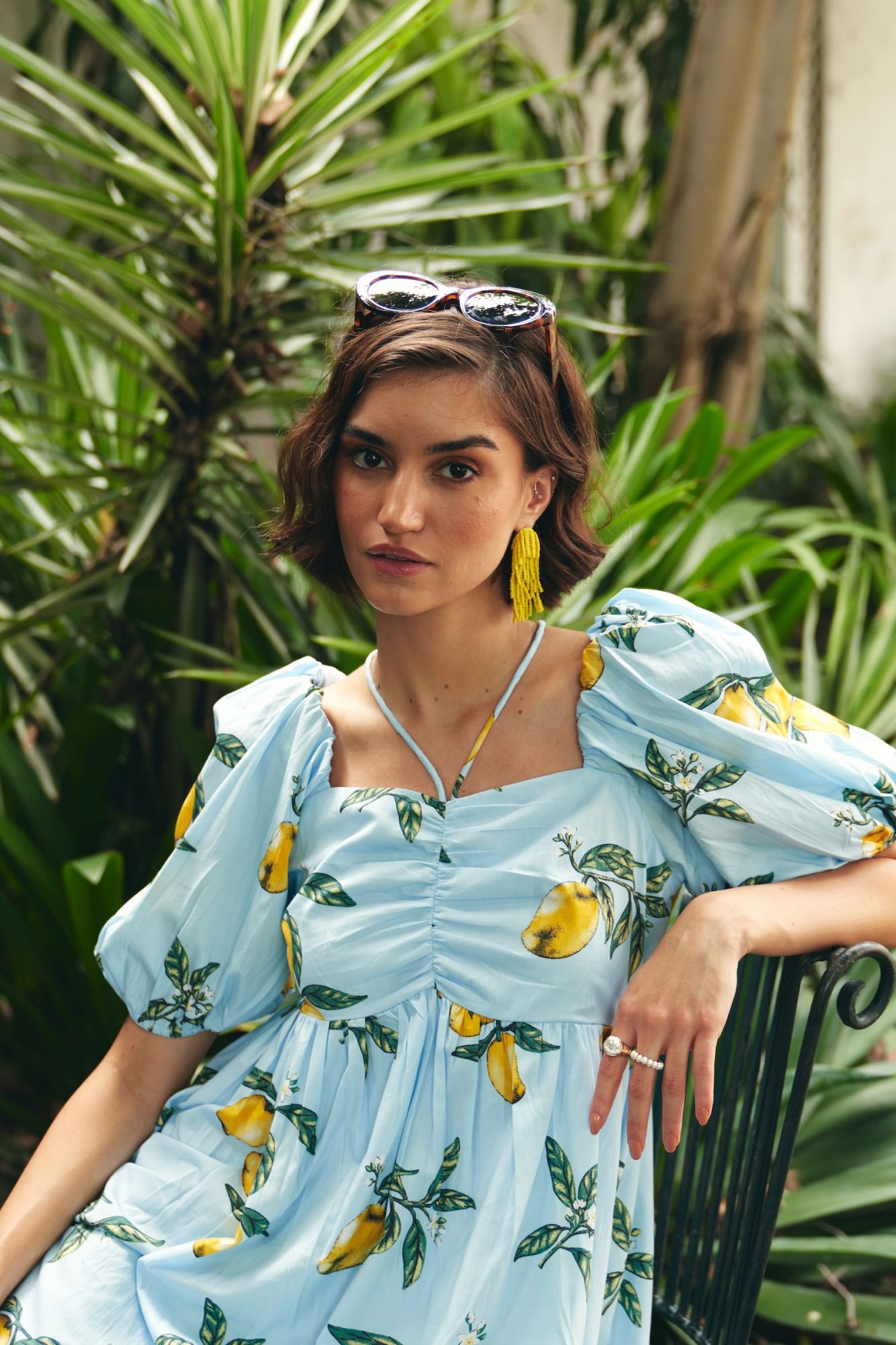 Florentina Lemon Print Cotton Knee Length Lined Summer Dress With