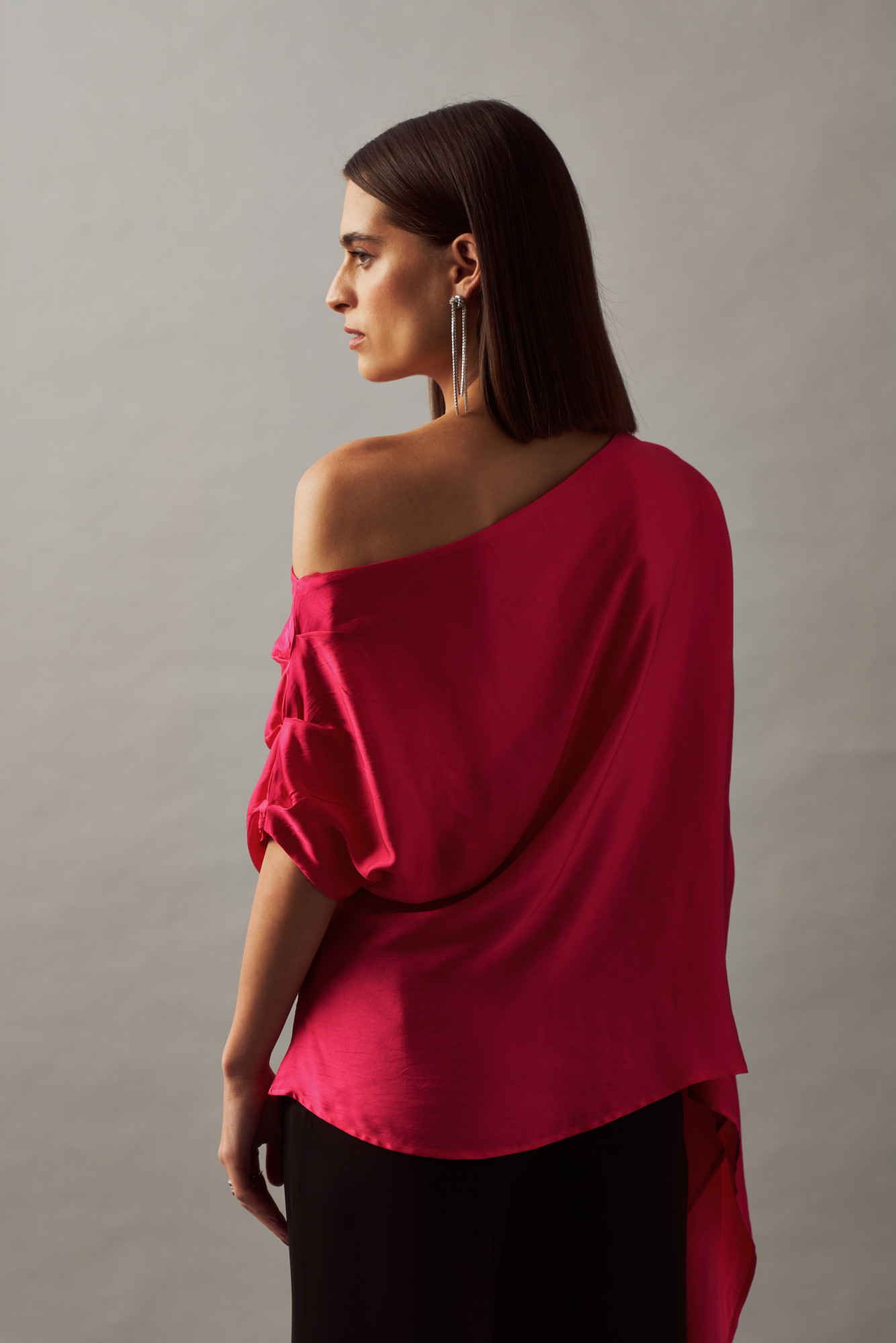 LEILA 02 SOLID FUSCHIA VISCOSE SATIN FABRIC OFF SHOULDER TOP
