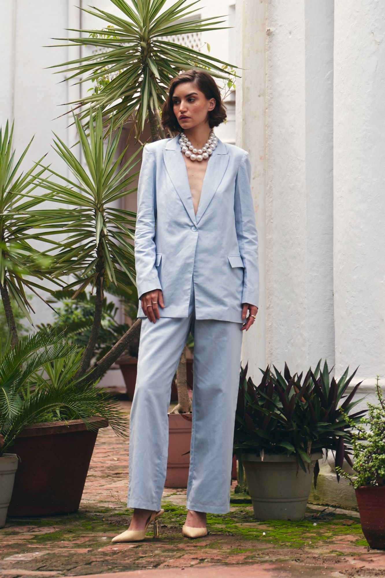 FLORENTINA SKY BLUE COLOR LINEN FABRIC JACKET AND PANTS SUMMER CO-ORDINATE